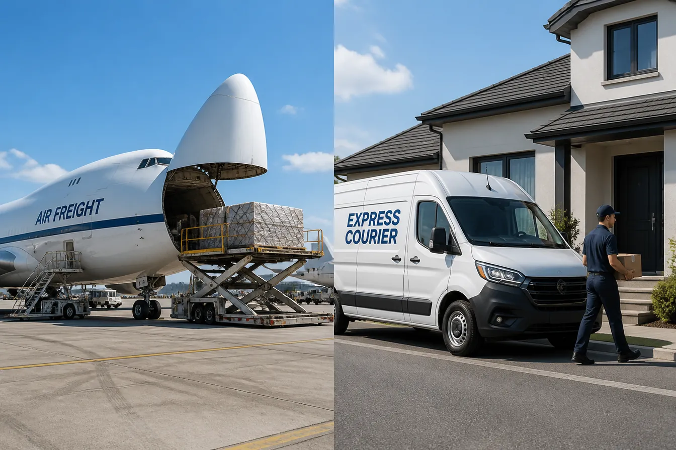 Cargo airplane with express courier van delivering parcels nationwide