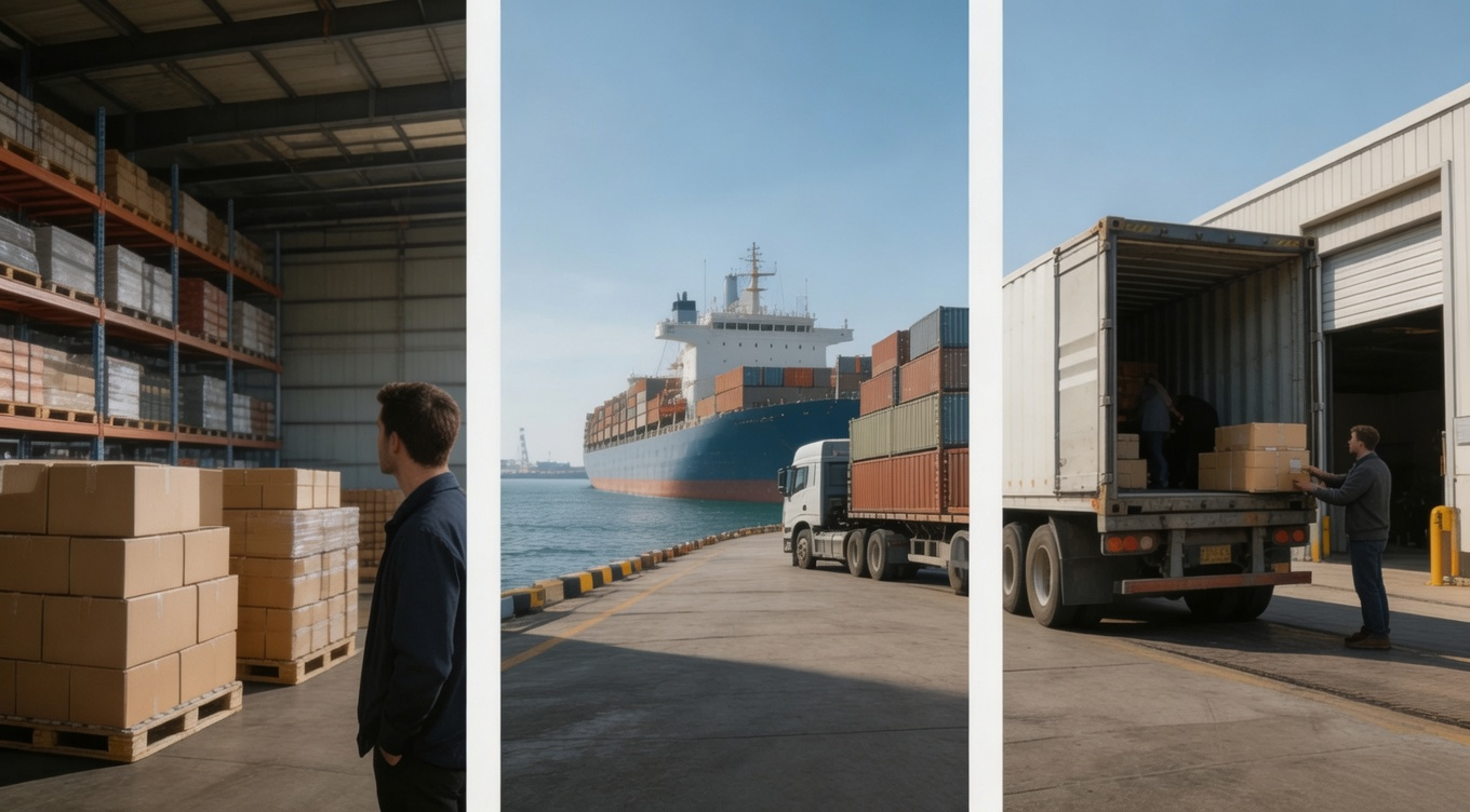 Expedited ocean truck flow: warehouse inventory, container truck at port beside a cargo ship, and final unloading at warehouse