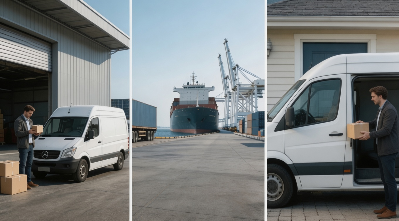 End-to-end ocean courier flow: warehouse pickup, container ship at port, and final delivery van with parcel