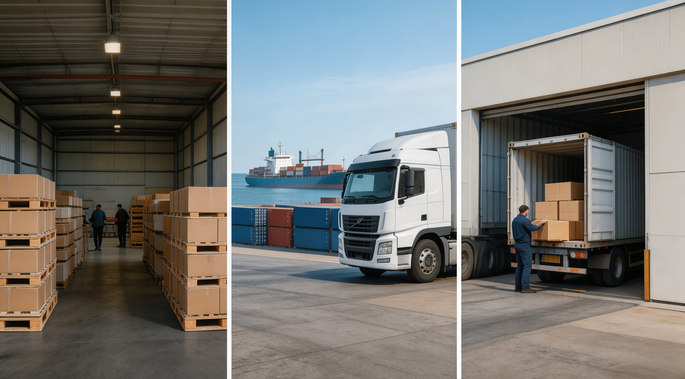Standard ocean truck flow: warehouse storage, port container loading, and freight truck at terminal