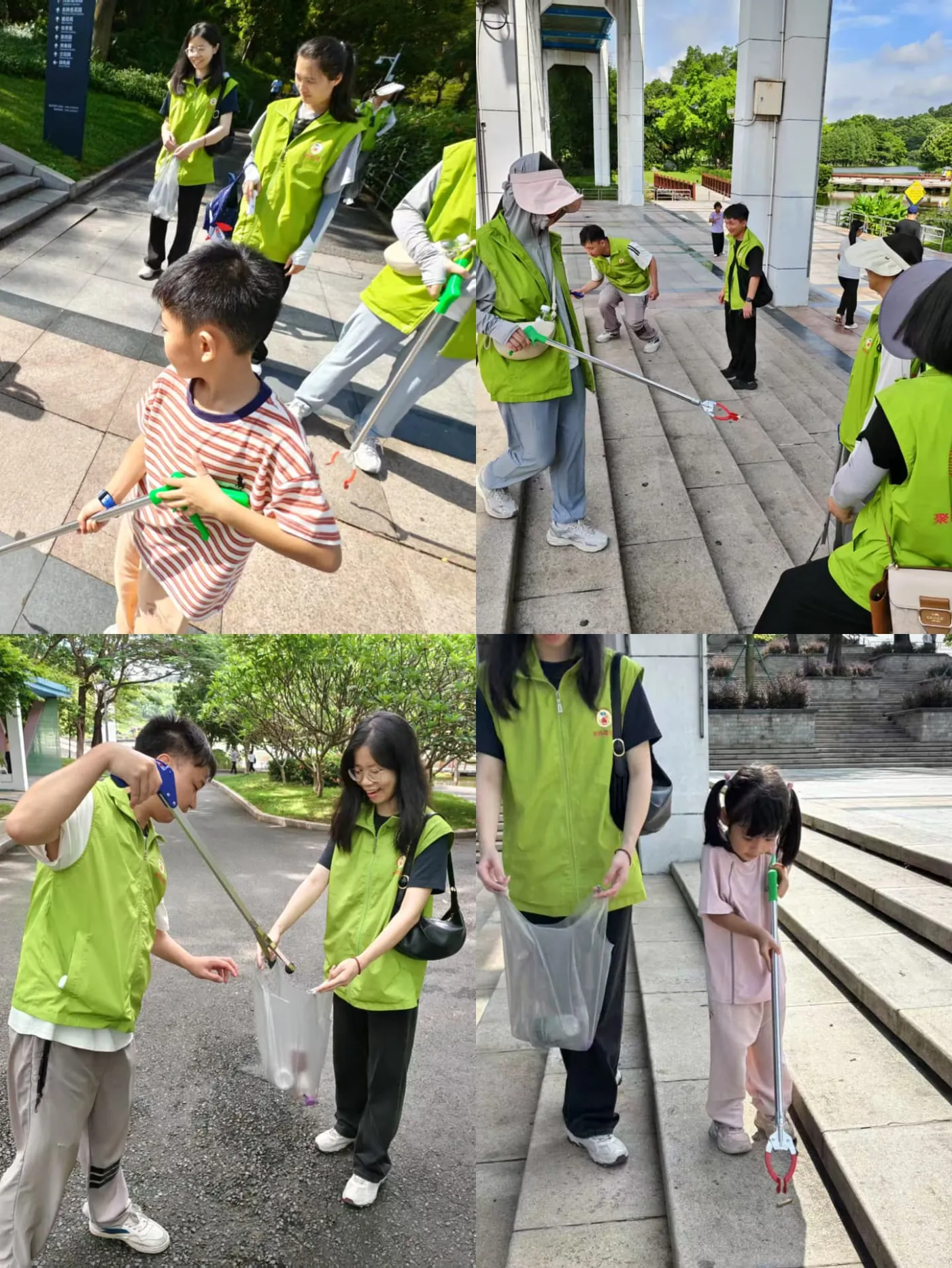Volunteers and families collecting litter in a city park