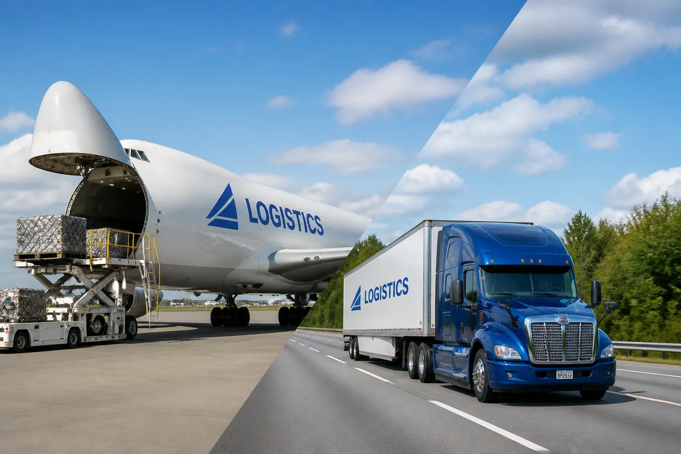 Cargo airplane connected to a dedicated freight truck for FBA and commercial delivery