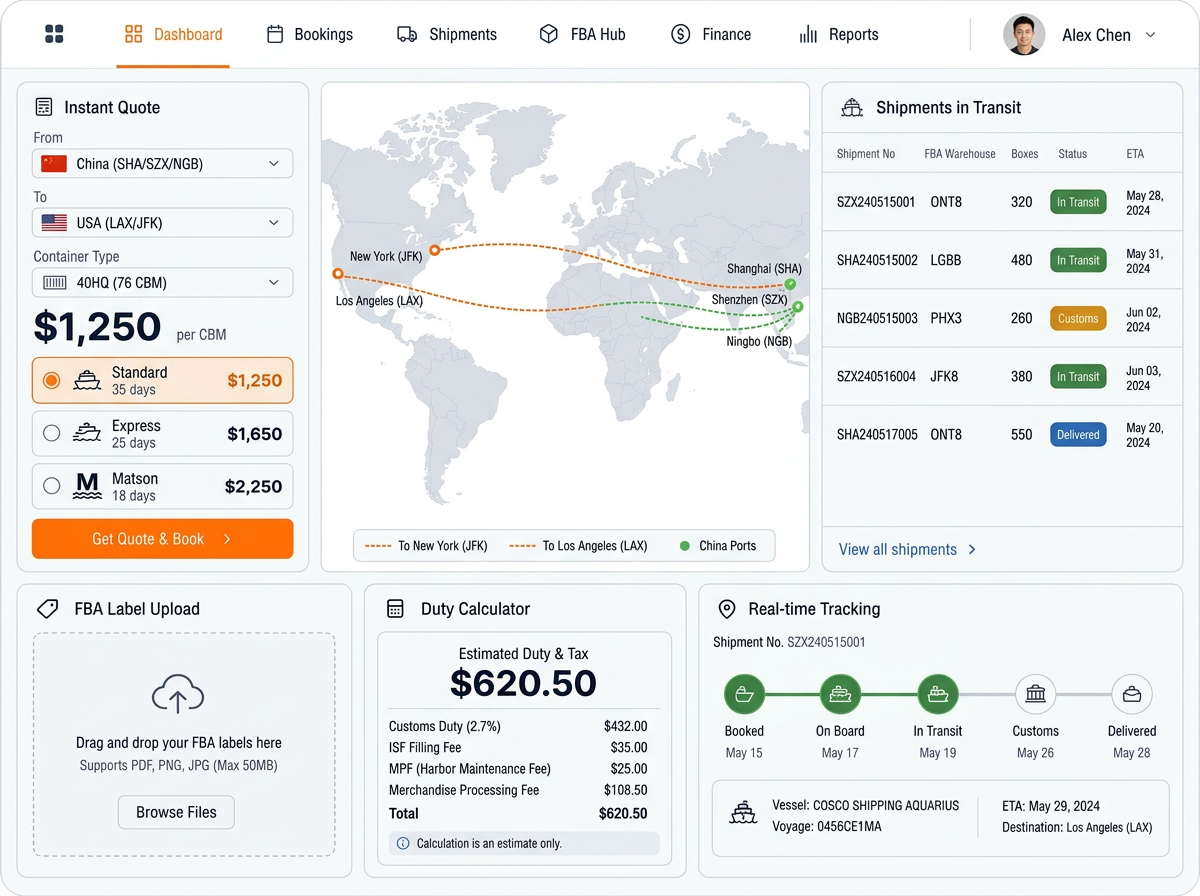 LinkTrans online booking portal — instant quotes, shipments in transit, FBA tools and real-time tracking