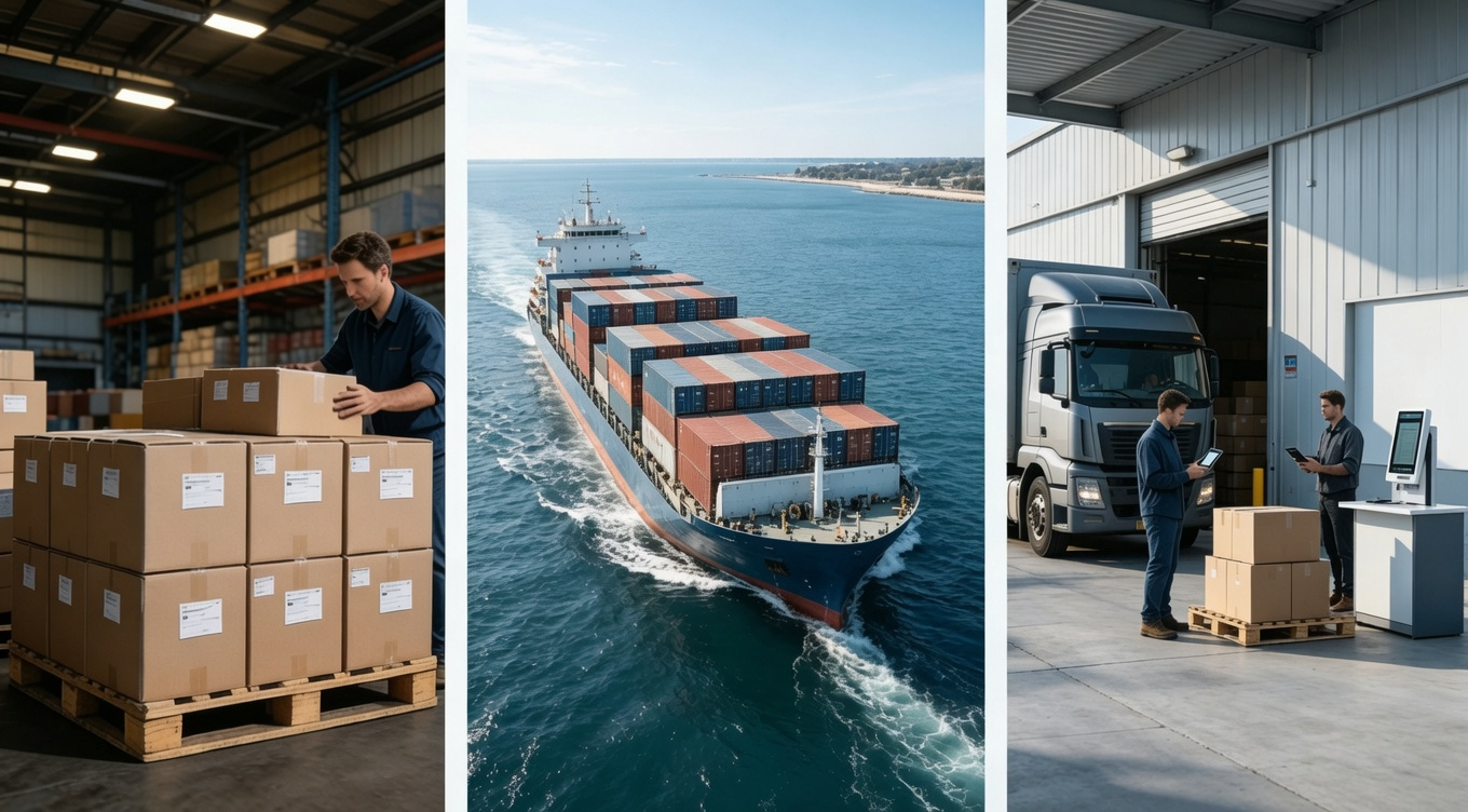 Fast ocean truck flow: warehouse inventory, container ship at sea, and freight truck at distribution dock