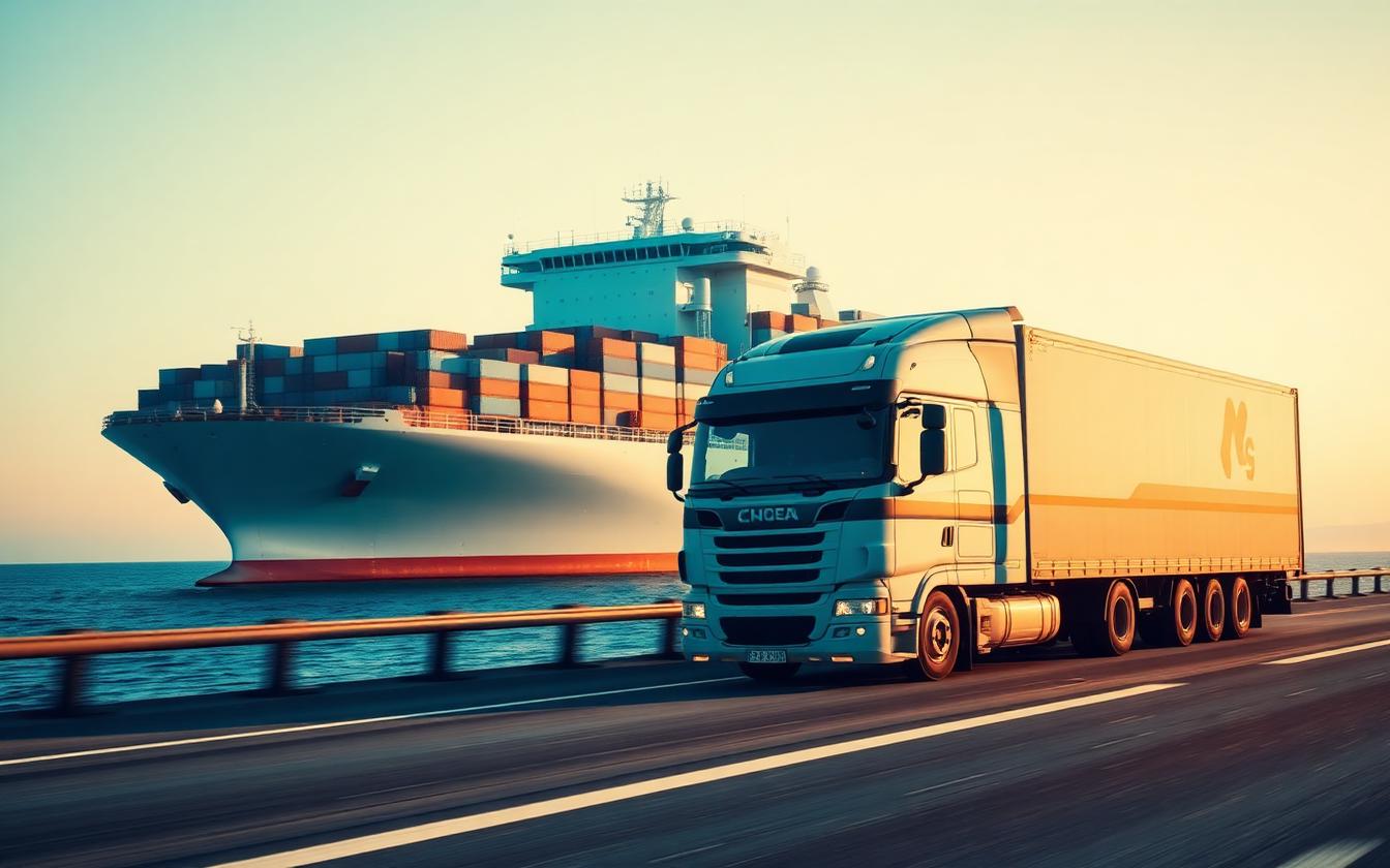 Container ship with priority freight truck on highway