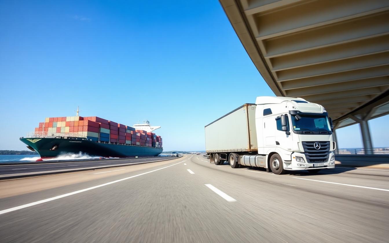 Fast container ship and dedicated freight truck on highway