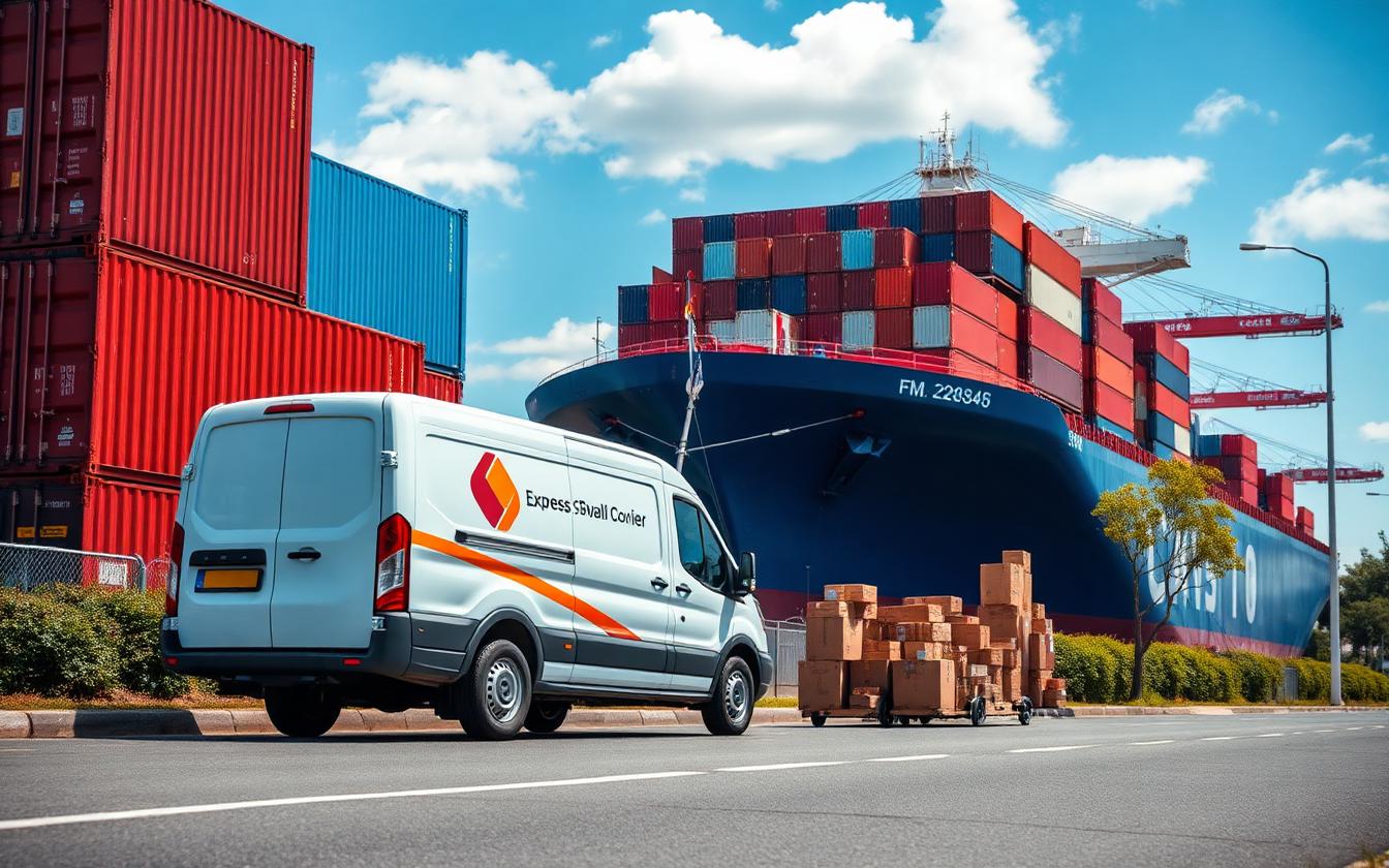Container ship at port with express courier van and parcels