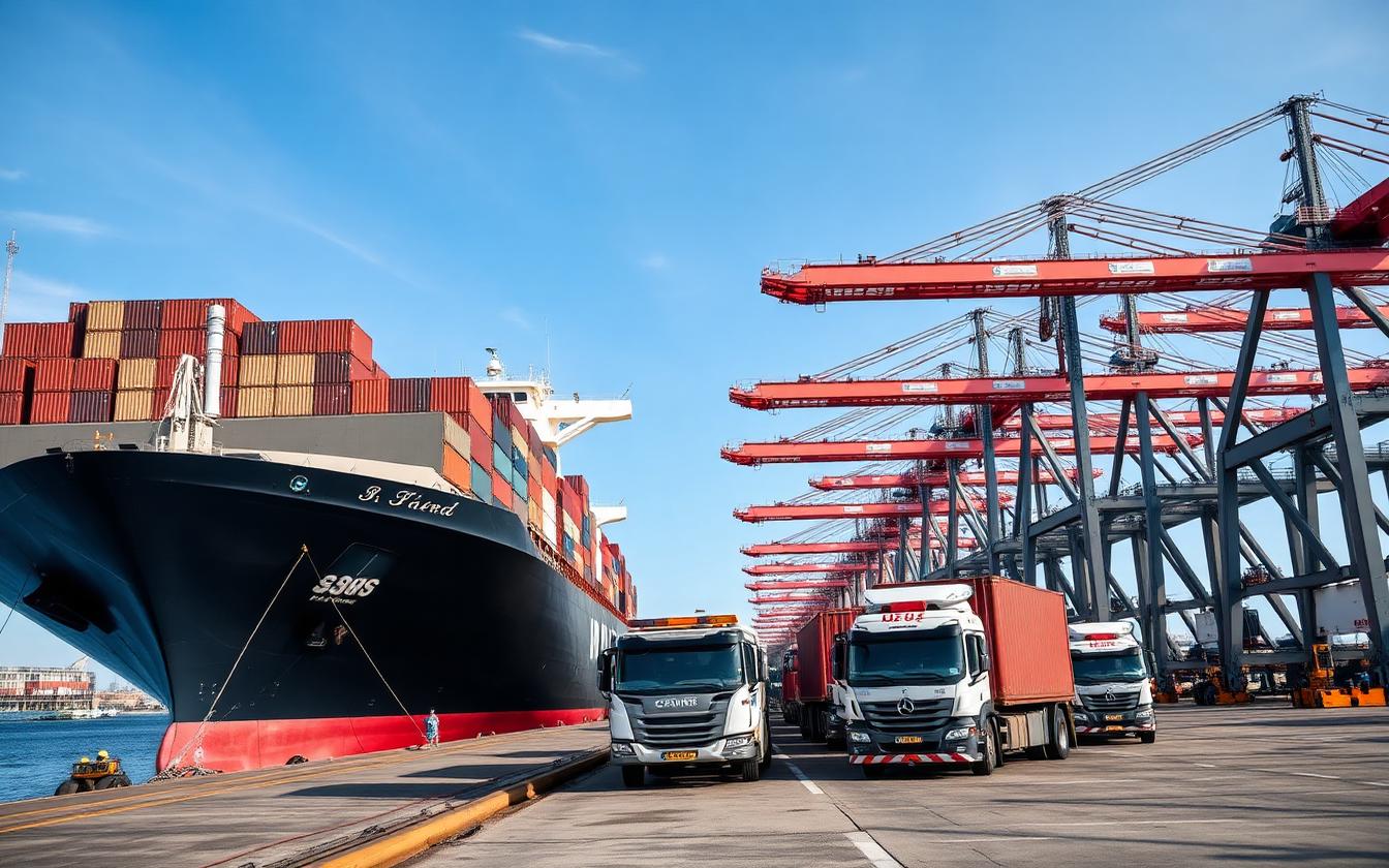 Container ship at port with delivery trucks loading